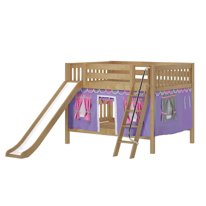 Maxtrix Full Low Bunk Bed with Angled Ladder, Curtain + Slide