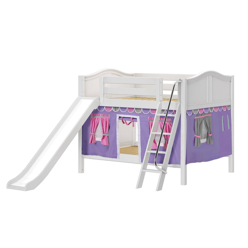 Maxtrix Full Low Bunk Bed with Angled Ladder, Curtain + Slide