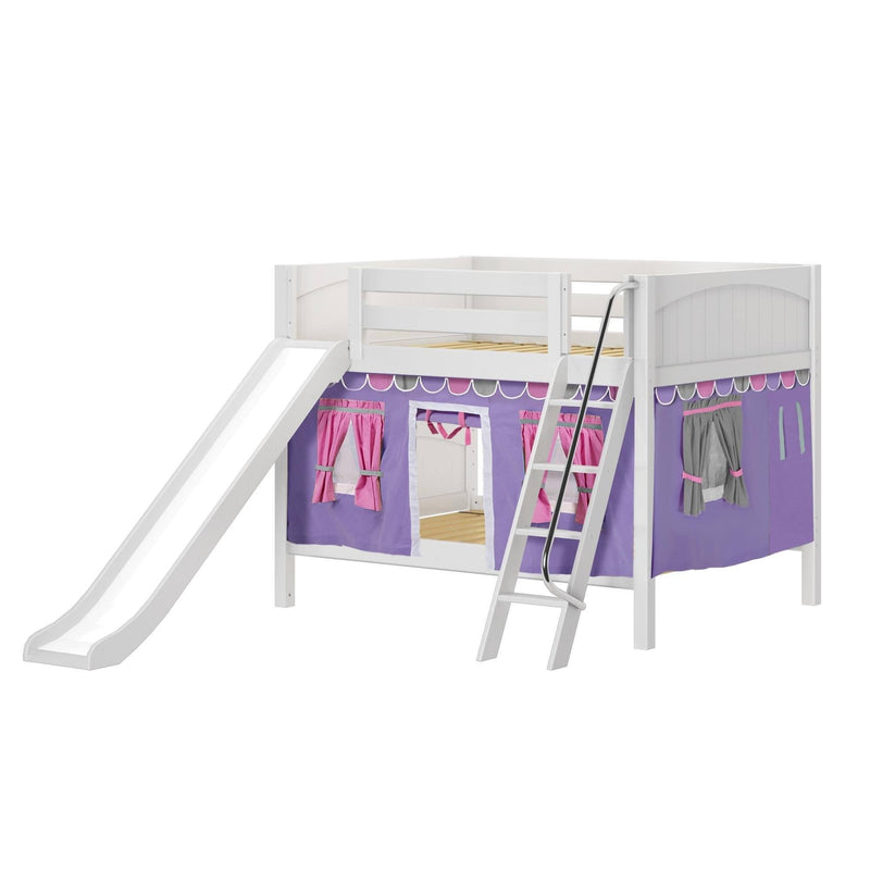 Maxtrix Full Low Bunk Bed with Angled Ladder, Curtain + Slide