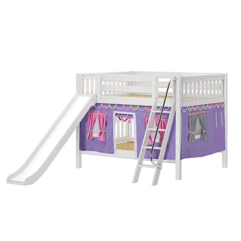 Maxtrix Full Low Bunk Bed with Angled Ladder, Curtain + Slide