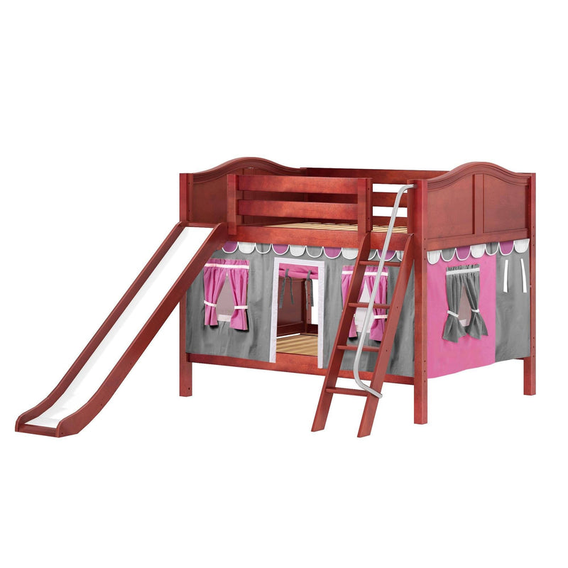 Maxtrix Full Low Bunk Bed with Angled Ladder, Curtain + Slide