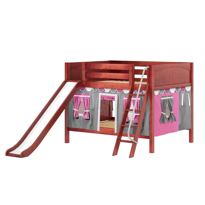 Maxtrix Full Low Bunk Bed with Angled Ladder, Curtain + Slide
