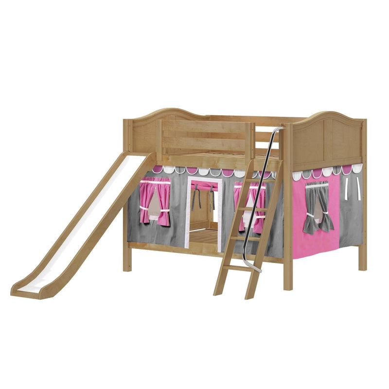 Maxtrix Full Low Bunk Bed with Angled Ladder, Curtain + Slide