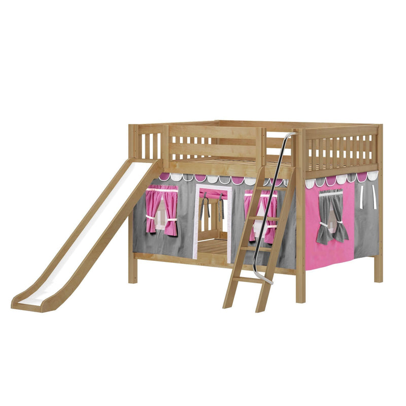 Maxtrix Full Low Bunk Bed with Angled Ladder, Curtain + Slide
