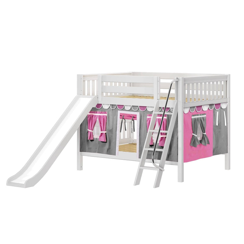 Maxtrix Full Low Bunk Bed with Angled Ladder, Curtain + Slide