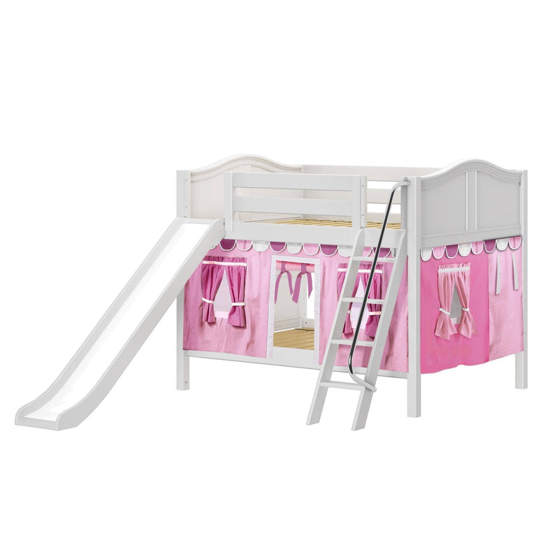 Maxtrix Full Low Bunk Bed with Angled Ladder, Curtain + Slide