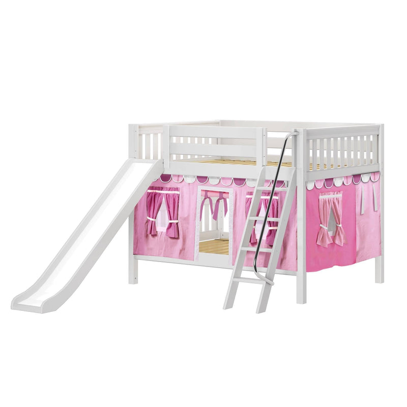 Maxtrix Full Low Bunk Bed with Angled Ladder, Curtain + Slide