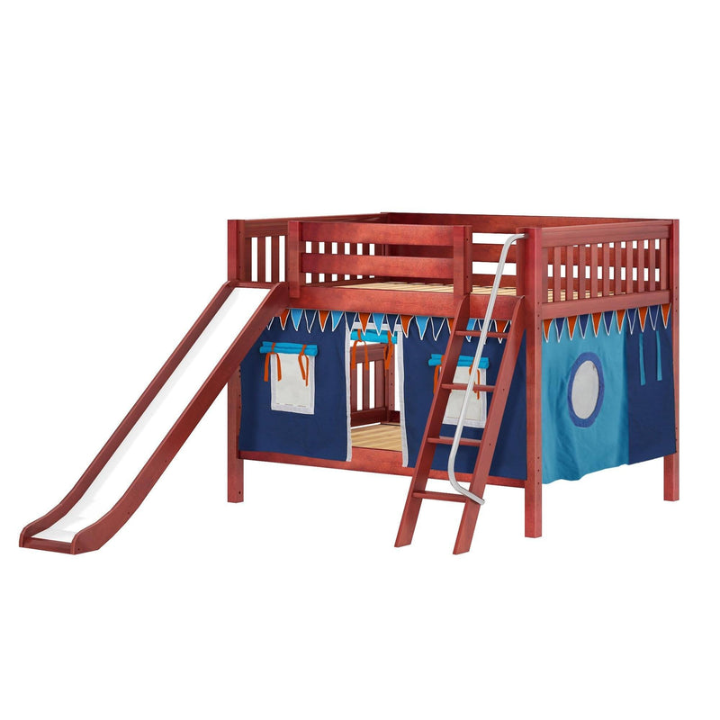 Maxtrix Full Low Bunk Bed with Angled Ladder, Curtain + Slide