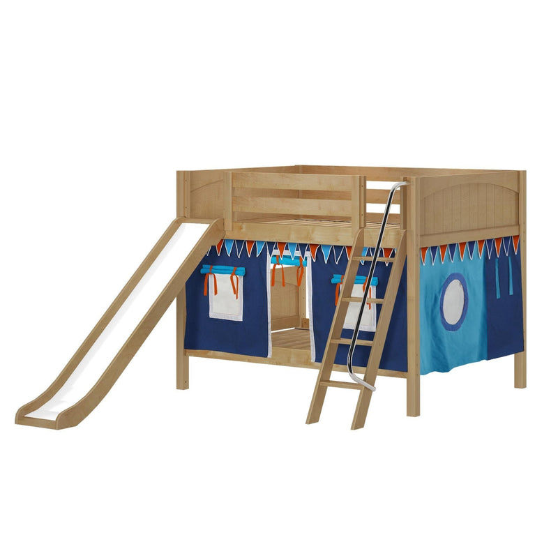 Maxtrix Full Low Bunk Bed with Angled Ladder, Curtain + Slide