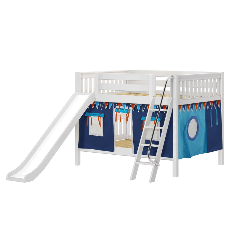 Maxtrix Full Low Bunk Bed with Angled Ladder, Curtain + Slide