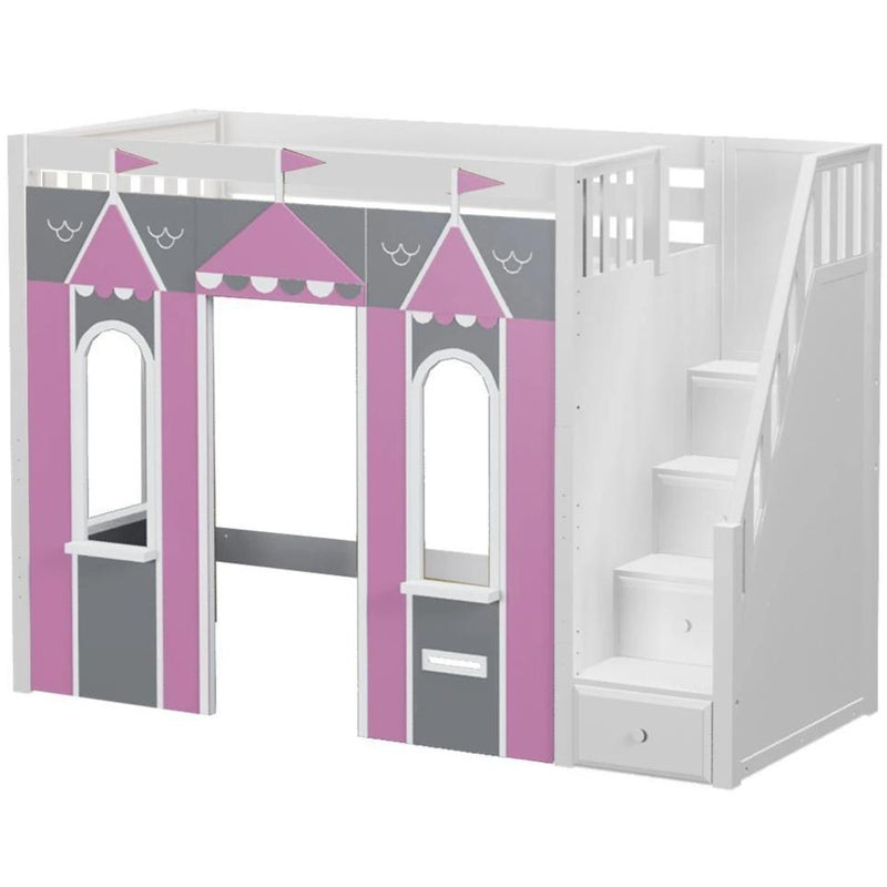 Maxtrix Twin High Loft Bed with Stairs + Playhouse Panels