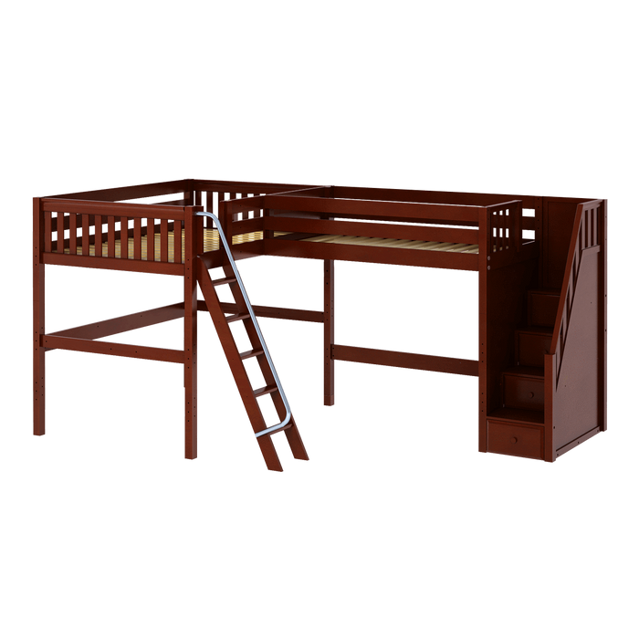 Maxtrix Twin Full High Corner Loft Bed with Ladder + Stairs - R
