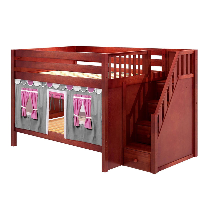 Maxtrix Full Low Bunk Bed with Stairs + Curtain