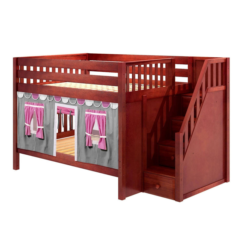 Maxtrix Full Low Bunk Bed with Stairs + Curtain