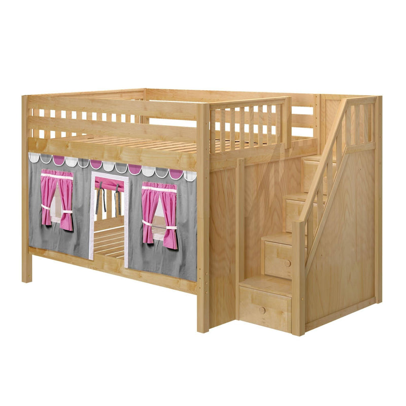 Maxtrix Full Low Bunk Bed with Stairs + Curtain