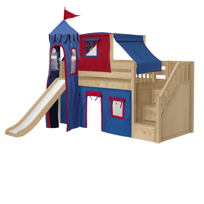 Maxtrix Twin Low Loft Bed with Stairs, Curtain, Top Tent, Tower + Slide