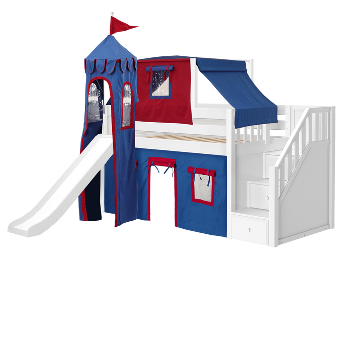 Maxtrix Twin Low Loft Bed with Stairs, Curtain, Top Tent, Tower + Slide