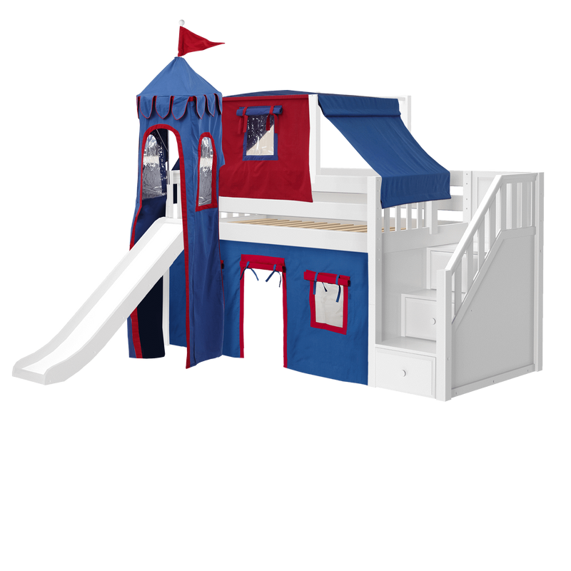 Maxtrix Twin Low Loft Bed with Stairs, Curtain, Top Tent, Tower + Slide