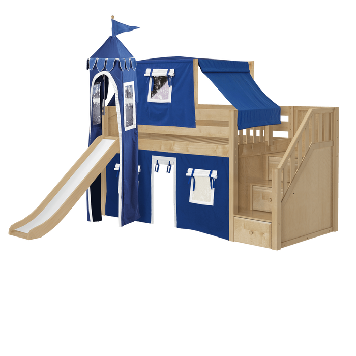 Maxtrix Twin Low Loft Bed with Stairs, Curtain, Top Tent, Tower + Slide