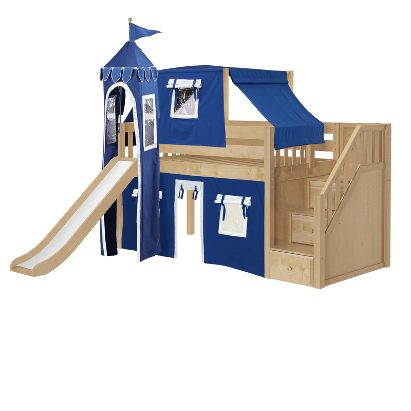 Maxtrix Twin Low Loft Bed with Stairs, Curtain, Top Tent, Tower + Slide