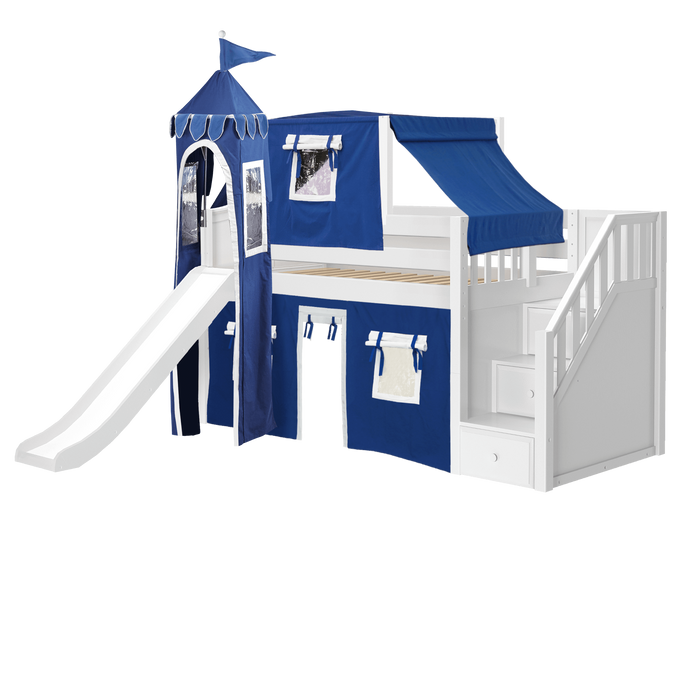 Maxtrix Twin Low Loft Bed with Stairs, Curtain, Top Tent, Tower + Slide
