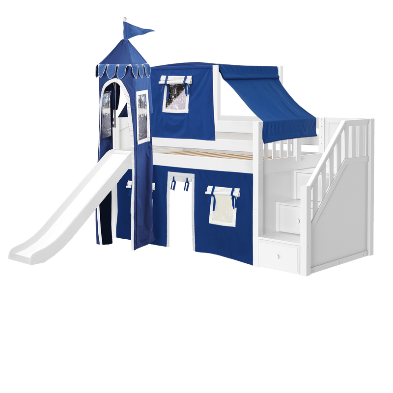 Maxtrix Twin Low Loft Bed with Stairs, Curtain, Top Tent, Tower + Slide