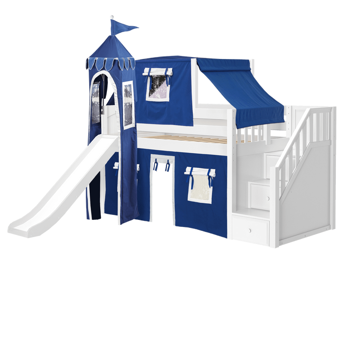 Maxtrix Twin Low Loft Bed with Stairs, Curtain, Top Tent, Tower + Slide