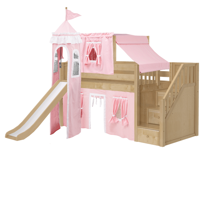 Maxtrix Twin Low Loft Bed with Stairs, Curtain, Top Tent, Tower + Slide