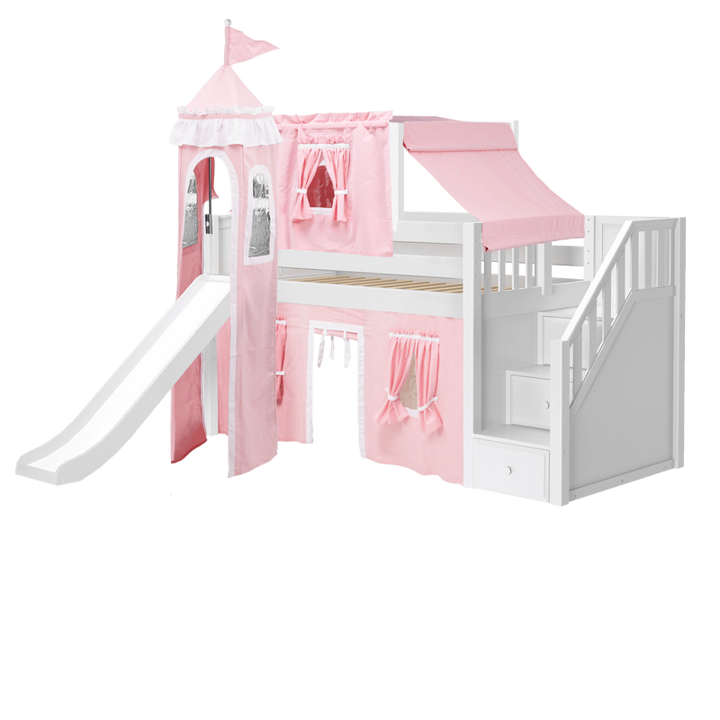 Maxtrix Twin Low Loft Bed with Stairs, Curtain, Top Tent, Tower + Slide