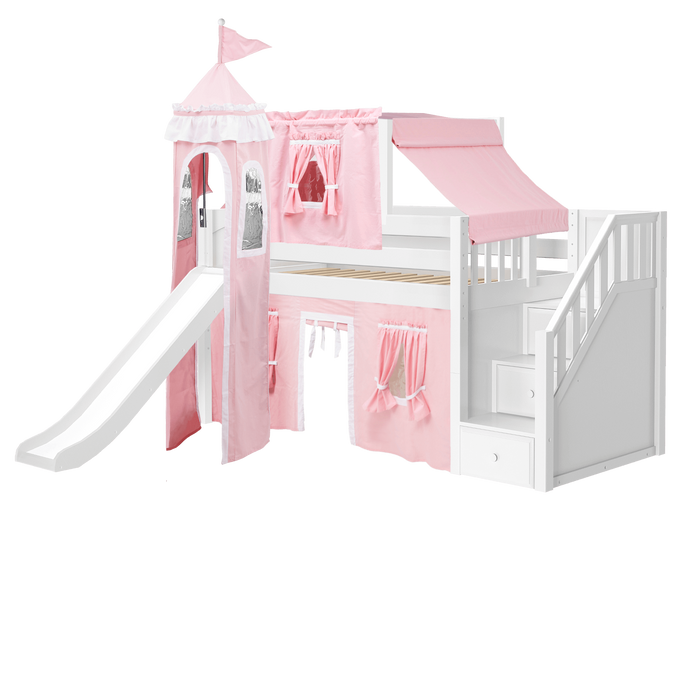 Maxtrix Twin Low Loft Bed with Stairs, Curtain, Top Tent, Tower + Slide