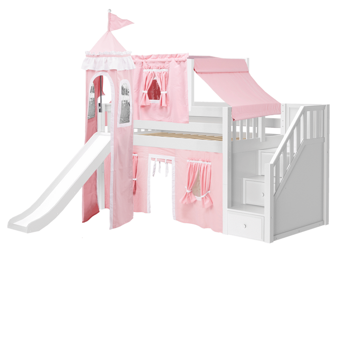 Maxtrix Twin Low Loft Bed with Stairs, Curtain, Top Tent, Tower + Slide