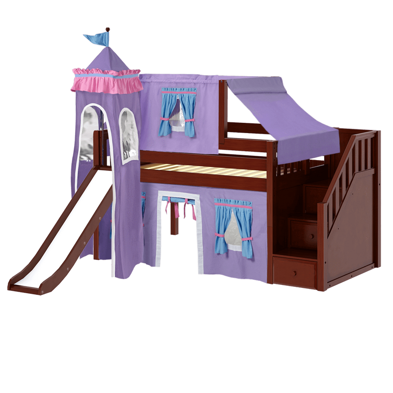 Maxtrix Twin Low Loft Bed with Stairs, Curtain, Top Tent, Tower + Slide