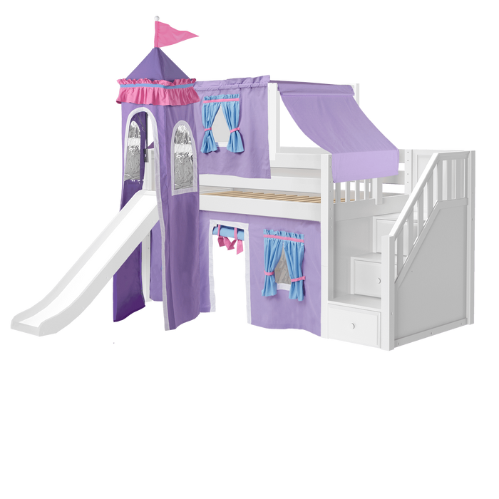 Maxtrix Twin Low Loft Bed with Stairs, Curtain, Top Tent, Tower + Slide