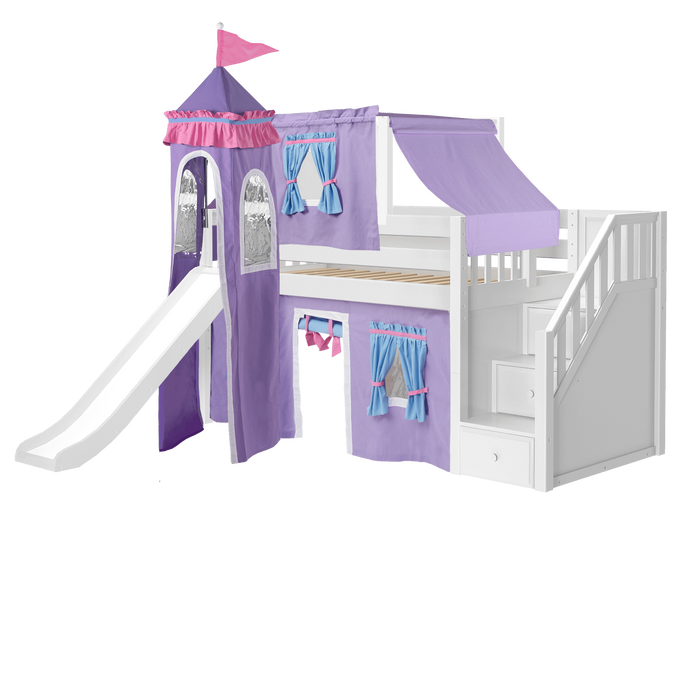 Maxtrix Twin Low Loft Bed with Stairs, Curtain, Top Tent, Tower + Slide