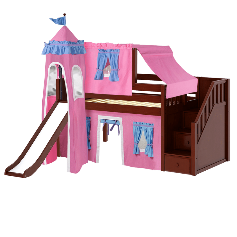 Maxtrix Twin Low Loft Bed with Stairs, Curtain, Top Tent, Tower + Slide