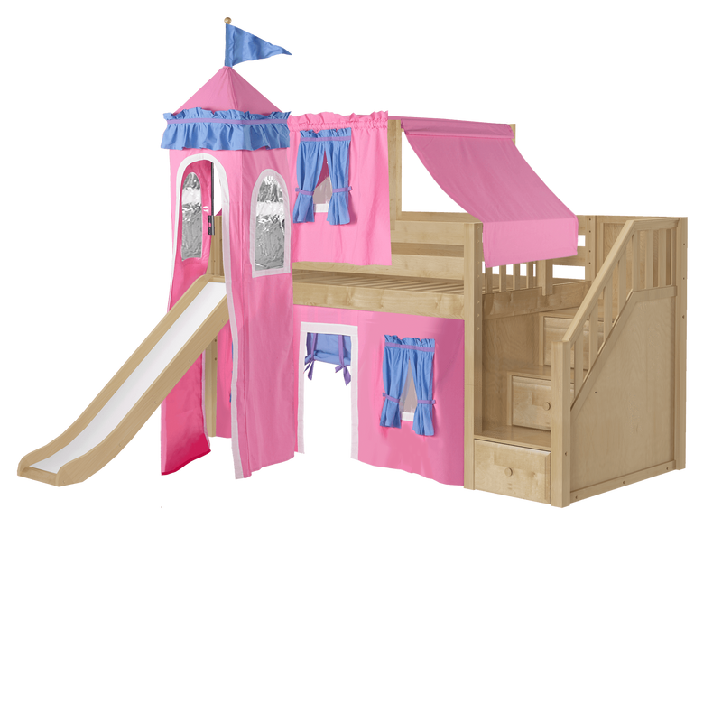Maxtrix Twin Low Loft Bed with Stairs, Curtain, Top Tent, Tower + Slide
