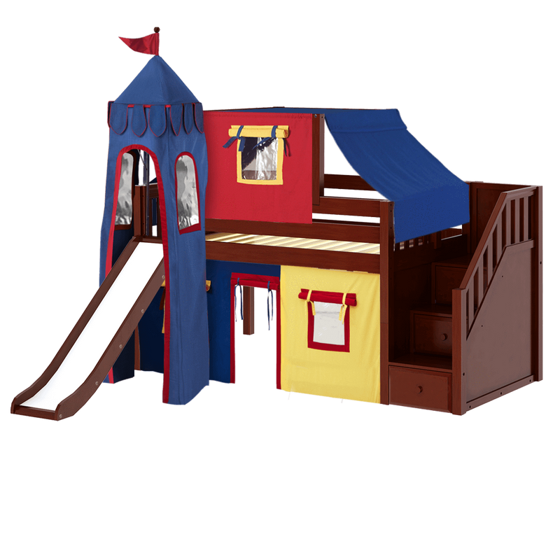 Maxtrix Twin Low Loft Bed with Stairs, Curtain, Top Tent, Tower + Slide
