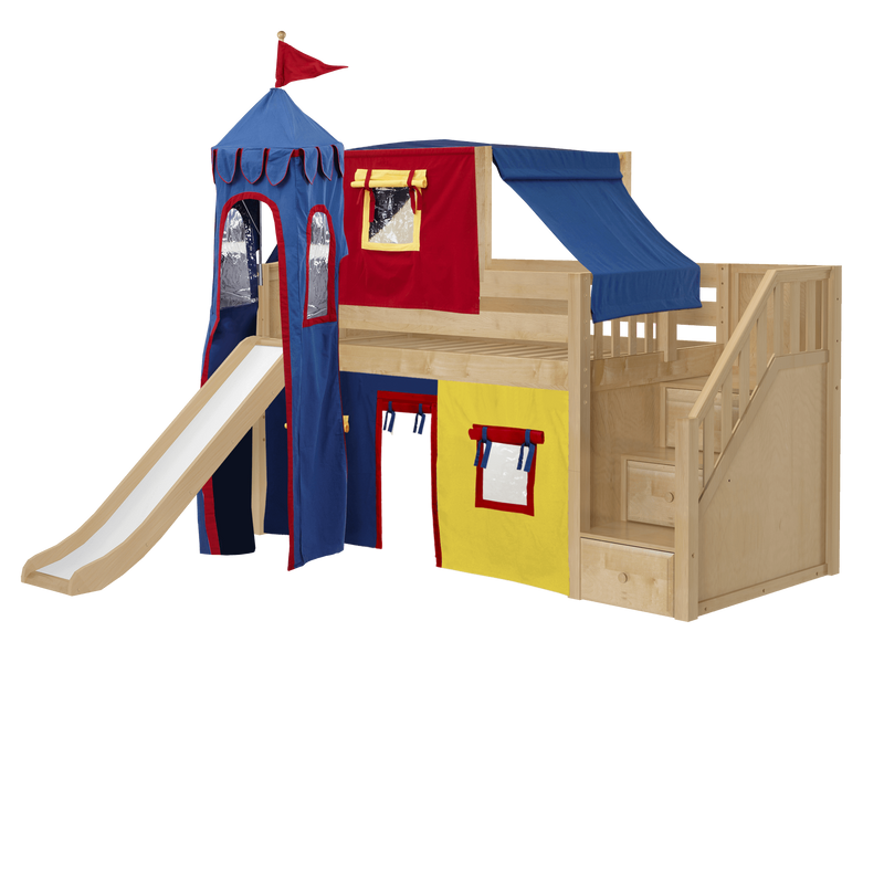 Maxtrix Twin Low Loft Bed with Stairs, Curtain, Top Tent, Tower + Slide