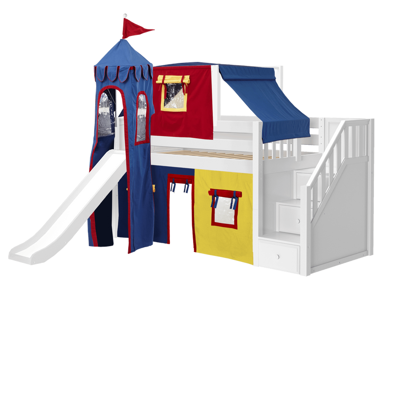Maxtrix Twin Low Loft Bed with Stairs, Curtain, Top Tent, Tower + Slide