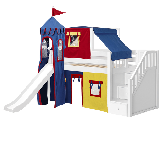 Maxtrix Twin Low Loft Bed with Stairs, Curtain, Top Tent, Tower + Slide