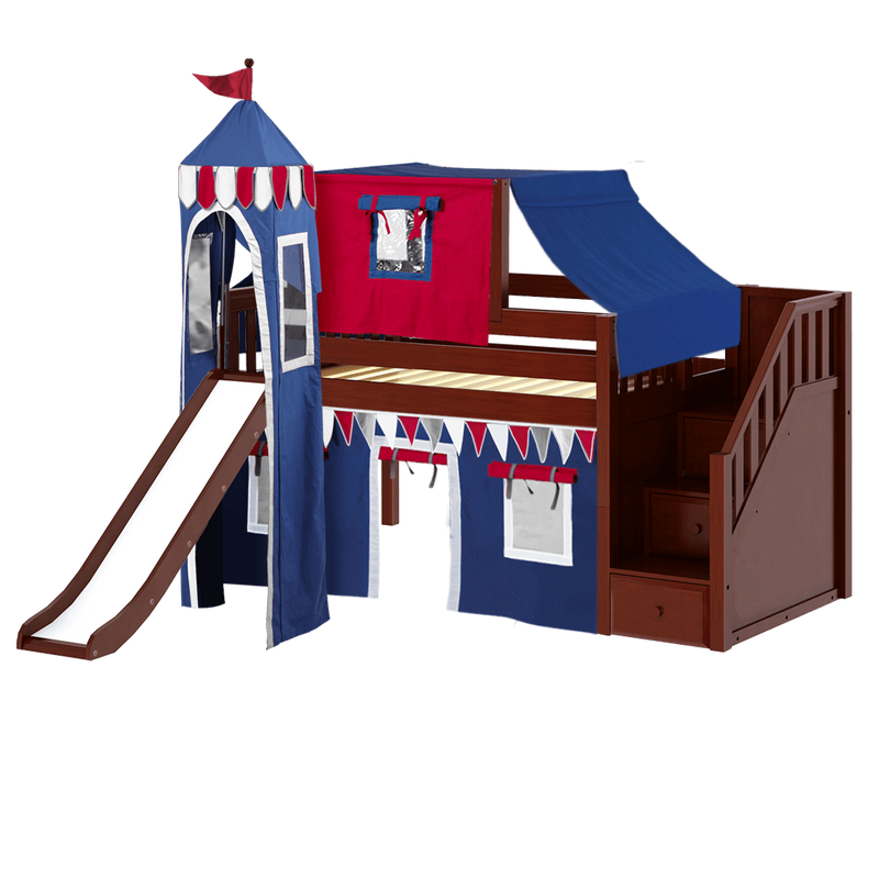 Maxtrix Twin Low Loft Bed with Stairs, Curtain, Top Tent, Tower + Slide