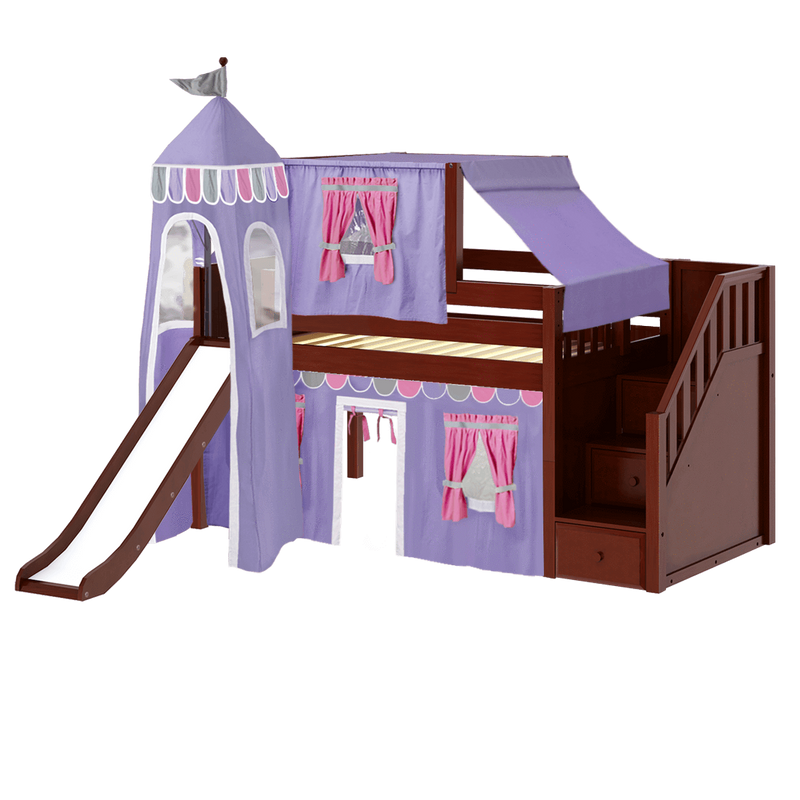 Maxtrix Twin Low Loft Bed with Stairs, Curtain, Top Tent, Tower + Slide