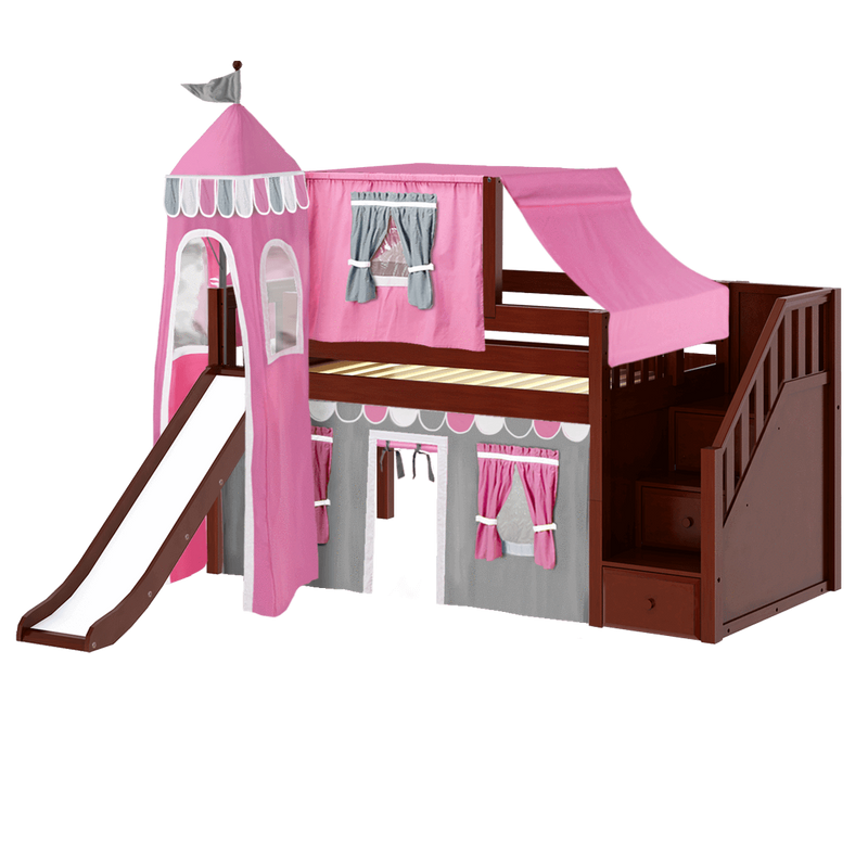 Maxtrix Twin Low Loft Bed with Stairs, Curtain, Top Tent, Tower + Slide