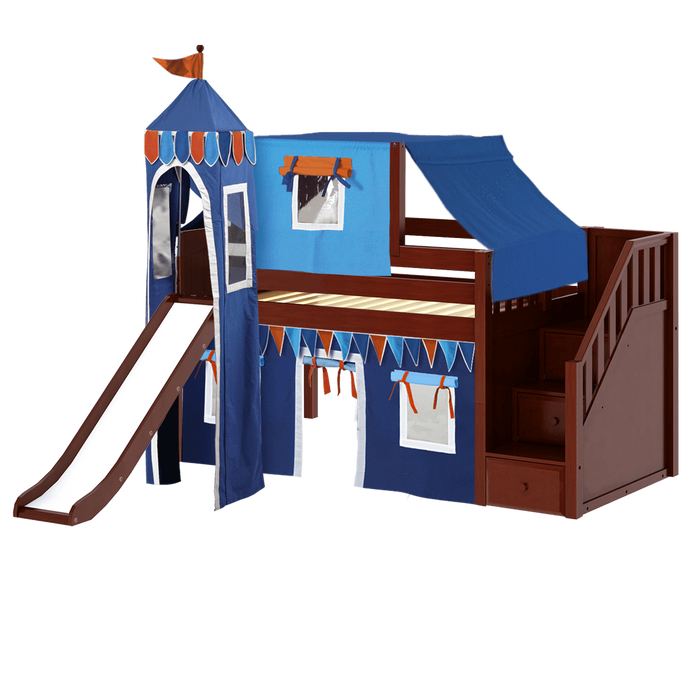 Maxtrix Twin Low Loft Bed with Stairs, Curtain, Top Tent, Tower + Slide