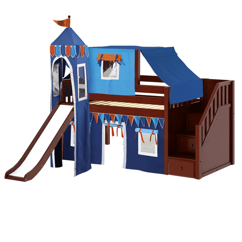 Maxtrix Twin Low Loft Bed with Stairs, Curtain, Top Tent, Tower + Slide