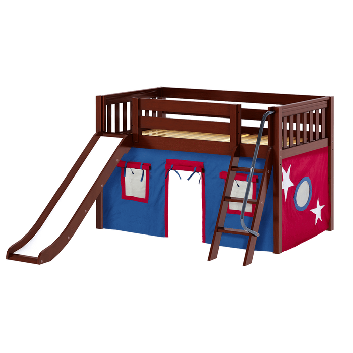 Maxtrix Twin Low Loft Bed with Angled Ladder, Curtain + Slide