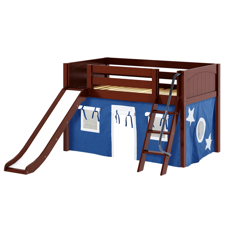 Maxtrix Twin Low Loft Bed with Angled Ladder, Curtain + Slide