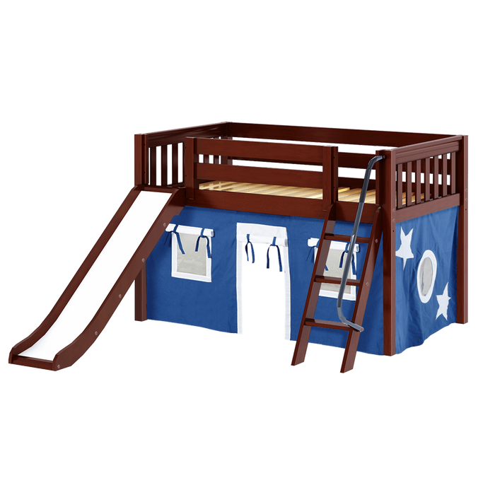 Maxtrix Twin Low Loft Bed with Angled Ladder, Curtain + Slide