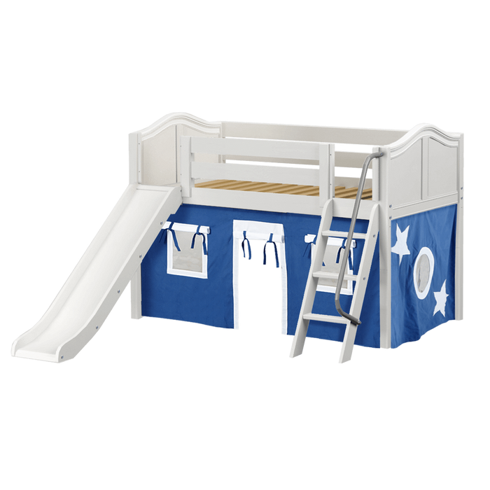 Maxtrix Twin Low Loft Bed with Angled Ladder, Curtain + Slide