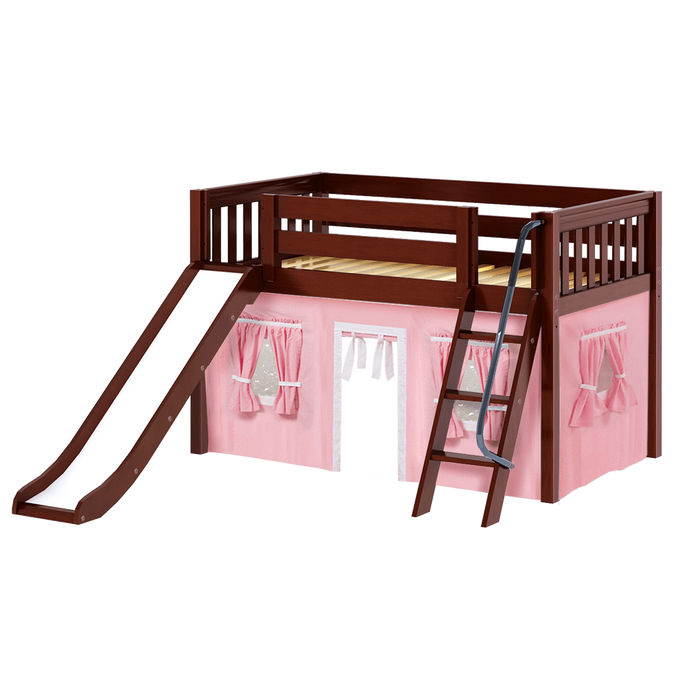 Maxtrix Twin Low Loft Bed with Angled Ladder, Curtain + Slide
